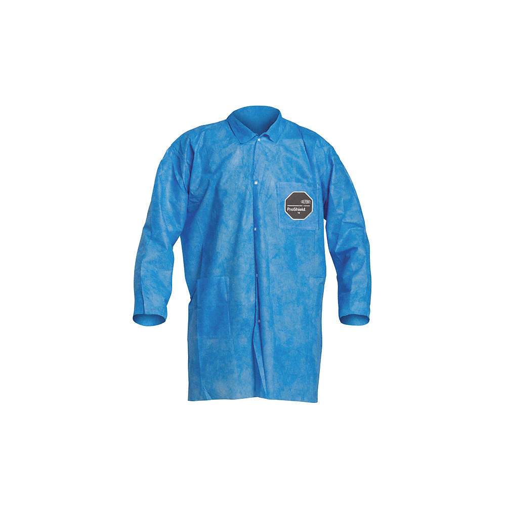 DuPont™ ProShield® 10 Labcoat - Collar - Open Wrists - Extends Below Hip - Frontsnap Closure - Two Pockets - Serged Seams - Blue - Large - 30/Pack