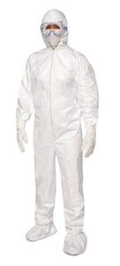 DuPont™ Tyvek® IsoClean® Coverall. Serged Seams. Attached Elastic Hood. Set Sleeve Design. Elastic Wrists and Ankles. Attached Thumb Loops. Zipper Closure. Attached Boots with PVC Soles. White. -3XLarge - 25/Pack created