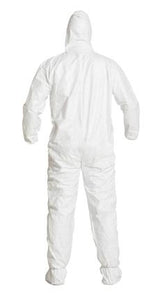 DuPont™ Tyvek® IsoClean® Coverall. Serged Seams. Attached Elastic Hood. Set Sleeve Design. Elastic Wrists and Ankles. Attached Thumb Loops. Zipper Closure. Attached Boots with PVC Soles. White. -3XLarge - 25/Pack created
