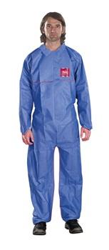 Ansell MICROCHEM® by AlphaTec™ 1500 PLUS FR Coverall w/ Collar, 2-Way Front Zipper with DST Storm Flap, Finger Loops, Navy w/ Red Stitching - 5XL - 25/Pack