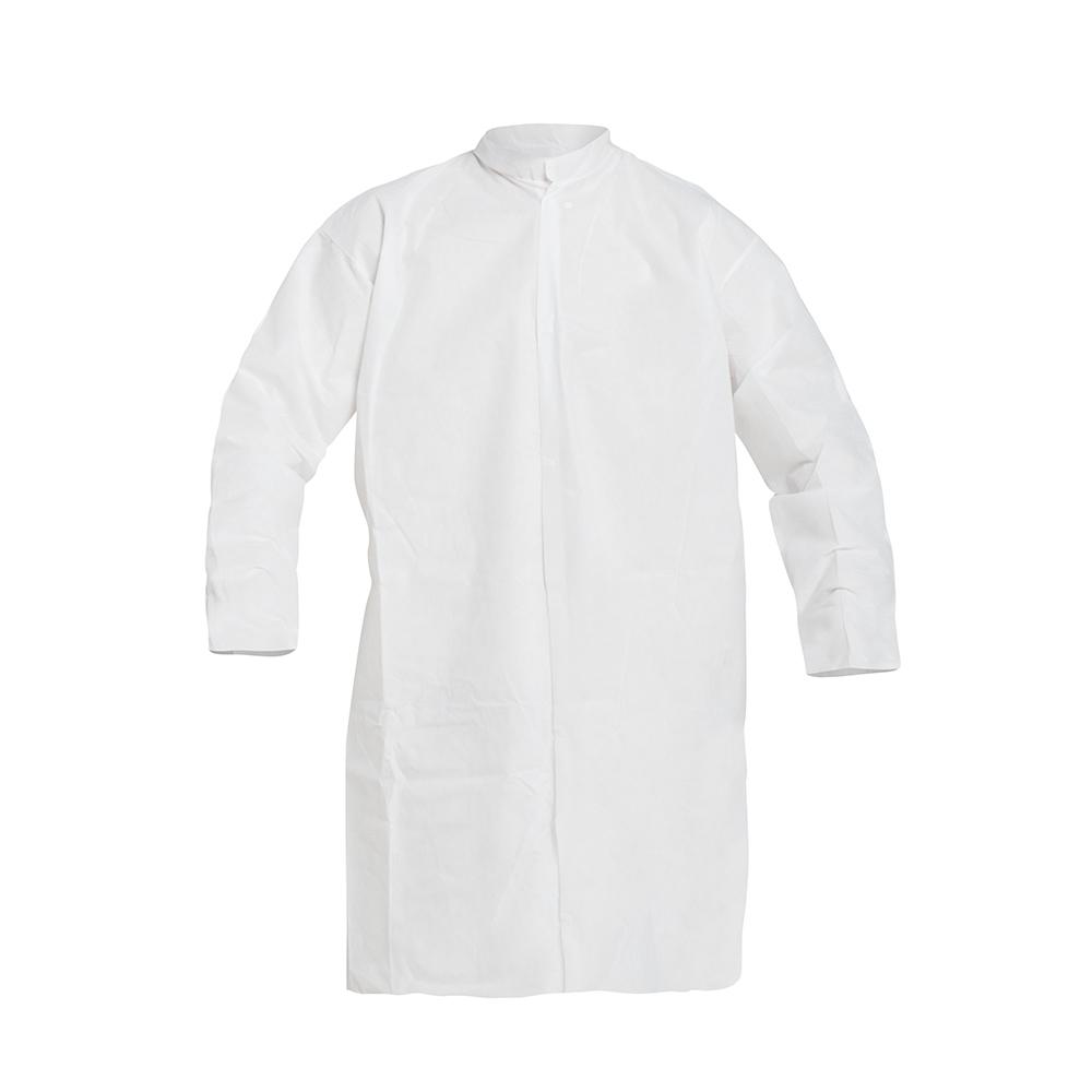 DuPont™ ProShield® 10 Frock - Mandarin Collar - Enclosed Elastic Wrists - Set Sleeve - Knit Cuff - Extends to Knee - Front Snap Closure - Serged Seams - White - 3X - 30/Pack
